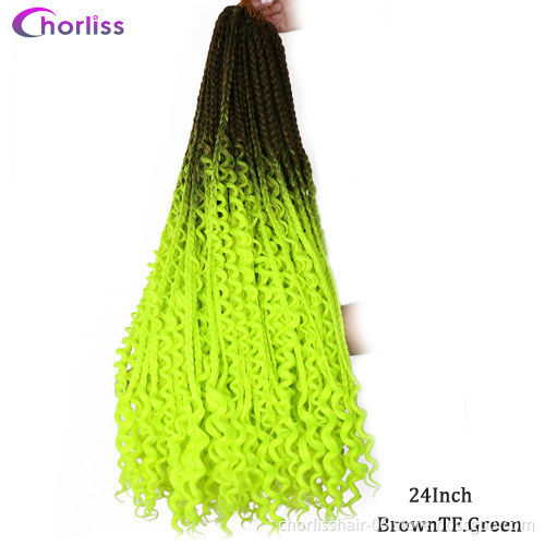 Wholesale Ombre Messy Goddess Boho Braided Bohemian Box Braids With Curls Un-ruly Synthetic Crochet Hair Extension For Woman